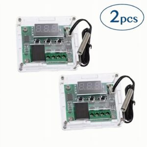 W1209 temperature controller board showing LED screen, control buttons, relay output, and NTC sensor probe