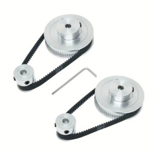 GT2 aluminum timing pulley set with precision-machined teeth, lightweight anodized finish, designed for GT2 timing belts in CNC machines, 3D printers, and automation systems.