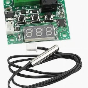 W1209 temperature controller board showing LED screen, control buttons, relay output, and NTC sensor probe