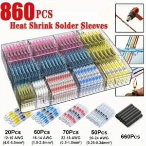860-piece soldering connector kit with assorted terminals, heat shrink connectors, and crimping accessories for DIY electronics and automotive wiring.