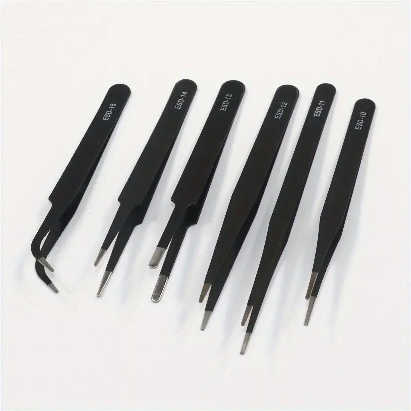 “6pcs Precision Curved ESD Anti-Static Stainless-Steel Tweezers Set for Electronics Repair” “Precision anti-static stainless-steel tweezers set for SMD and PCB work”