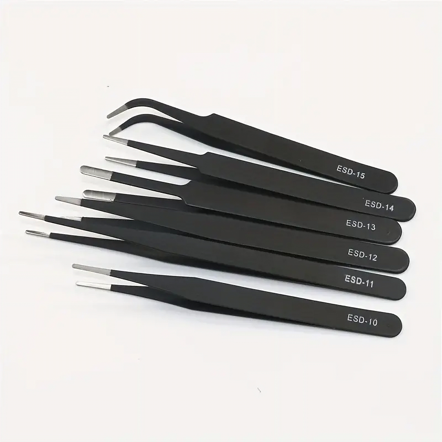 “Complete 6-piece curved ESD anti-static stainless-steel tweezers set” “Assorted curved precision tweezers with anti-static coating, 6-piece kit”