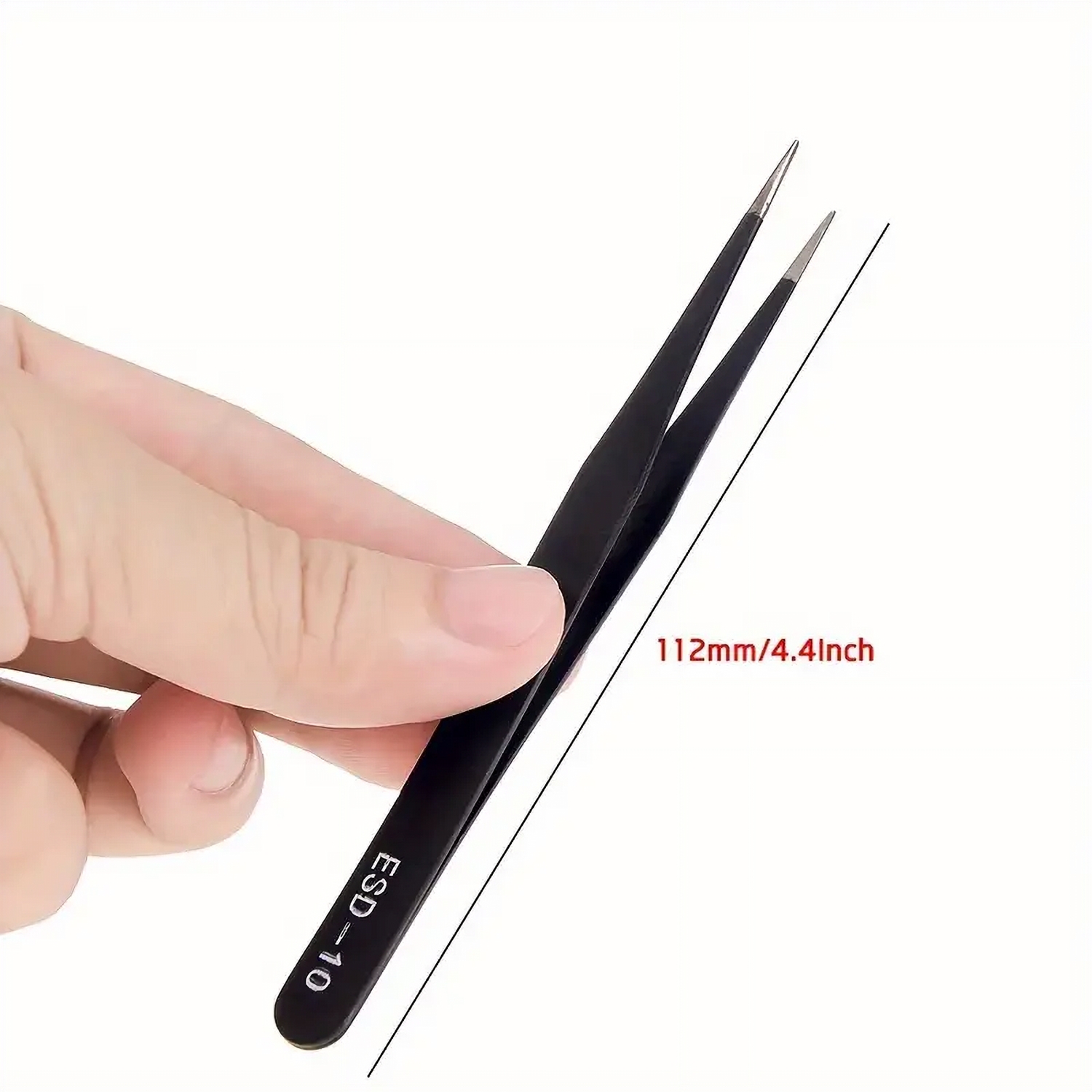 “Close-up view of curved precision ESD tweezers tips for micro electronics work” “Fine curved stainless-steel tweezer tips designed for SMD soldering and detail repairs”